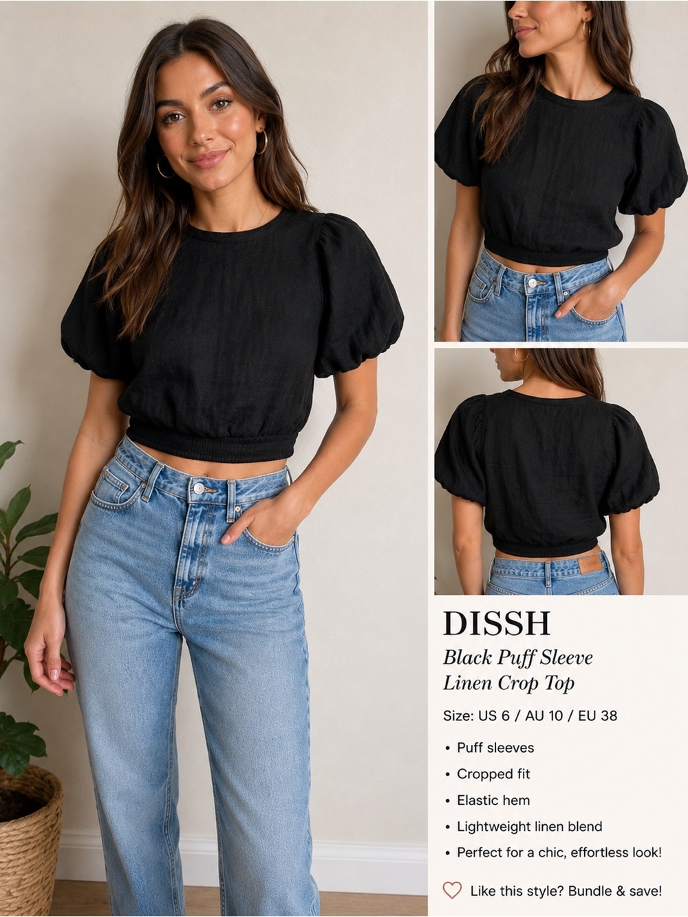DISSH Black Puff Sleeve Linen-Blend Crop Top